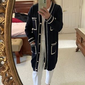 Elegant Navy Cardigan with White Trim